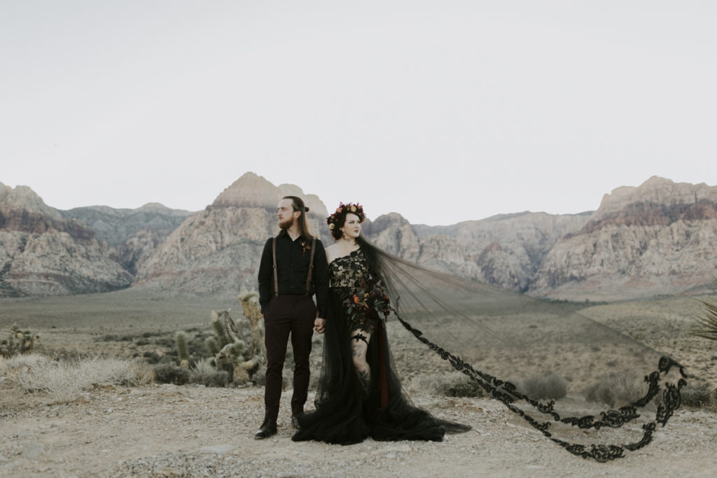 goth wedding couple in desert